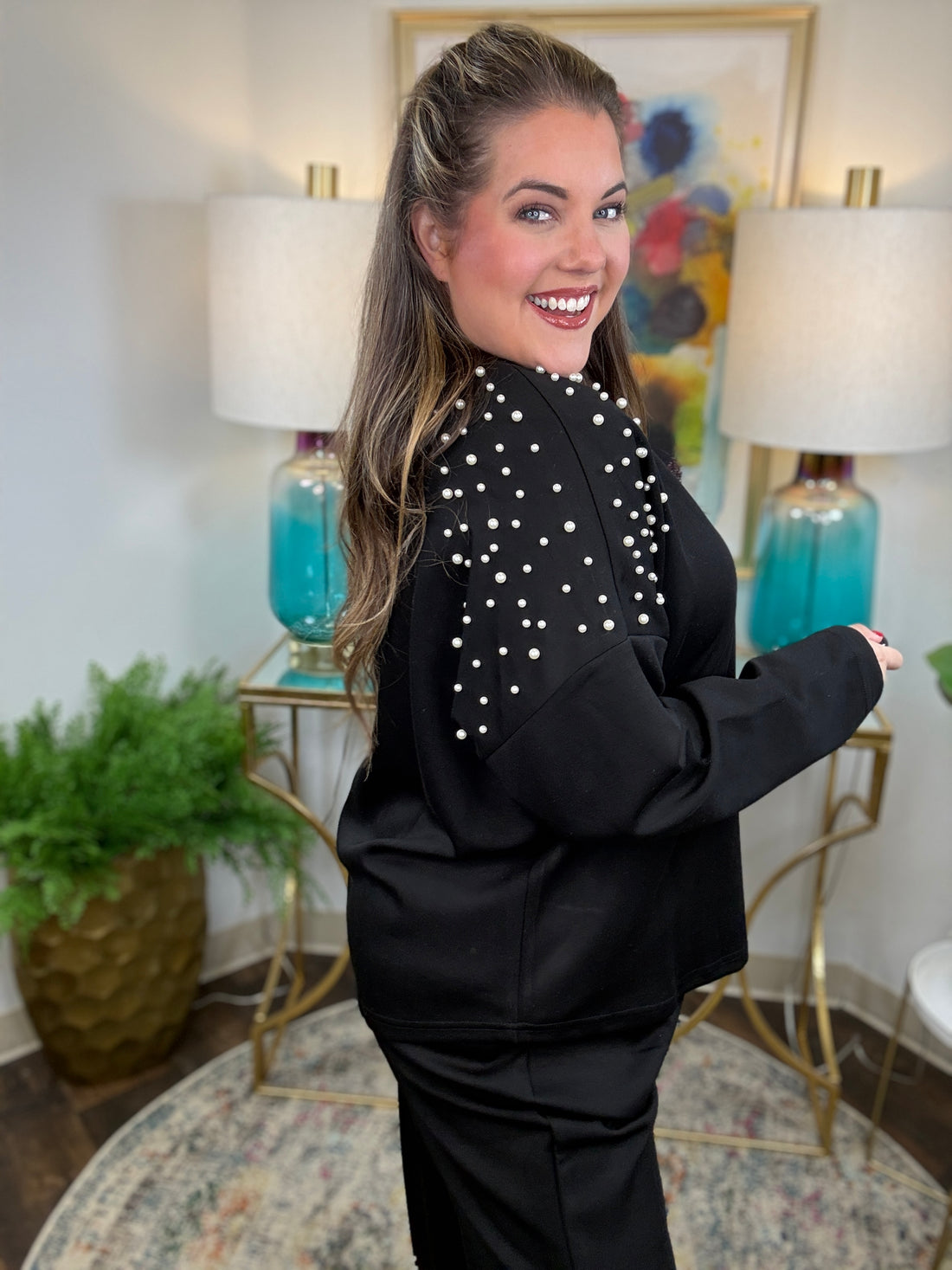 Black scuba matching set with pearl detailing on shoulders and pants