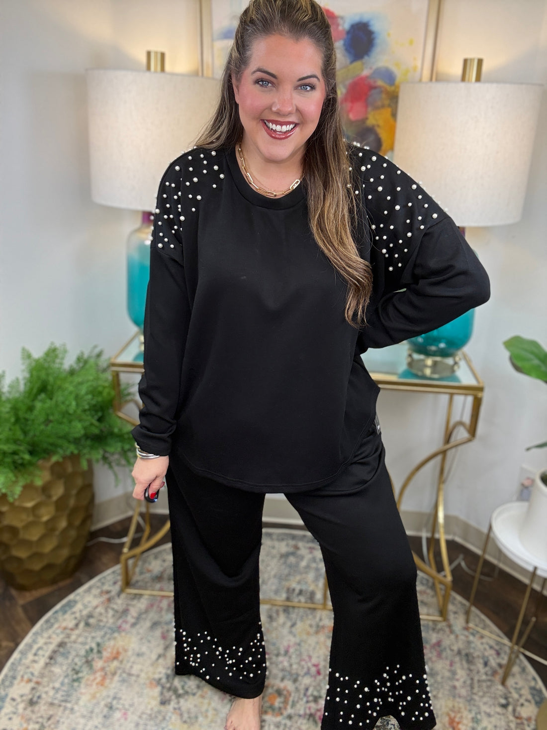 Black scuba matching set with pearl detailing on shoulders and pants