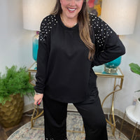Black scuba matching set with pearl detailing on shoulders and pants