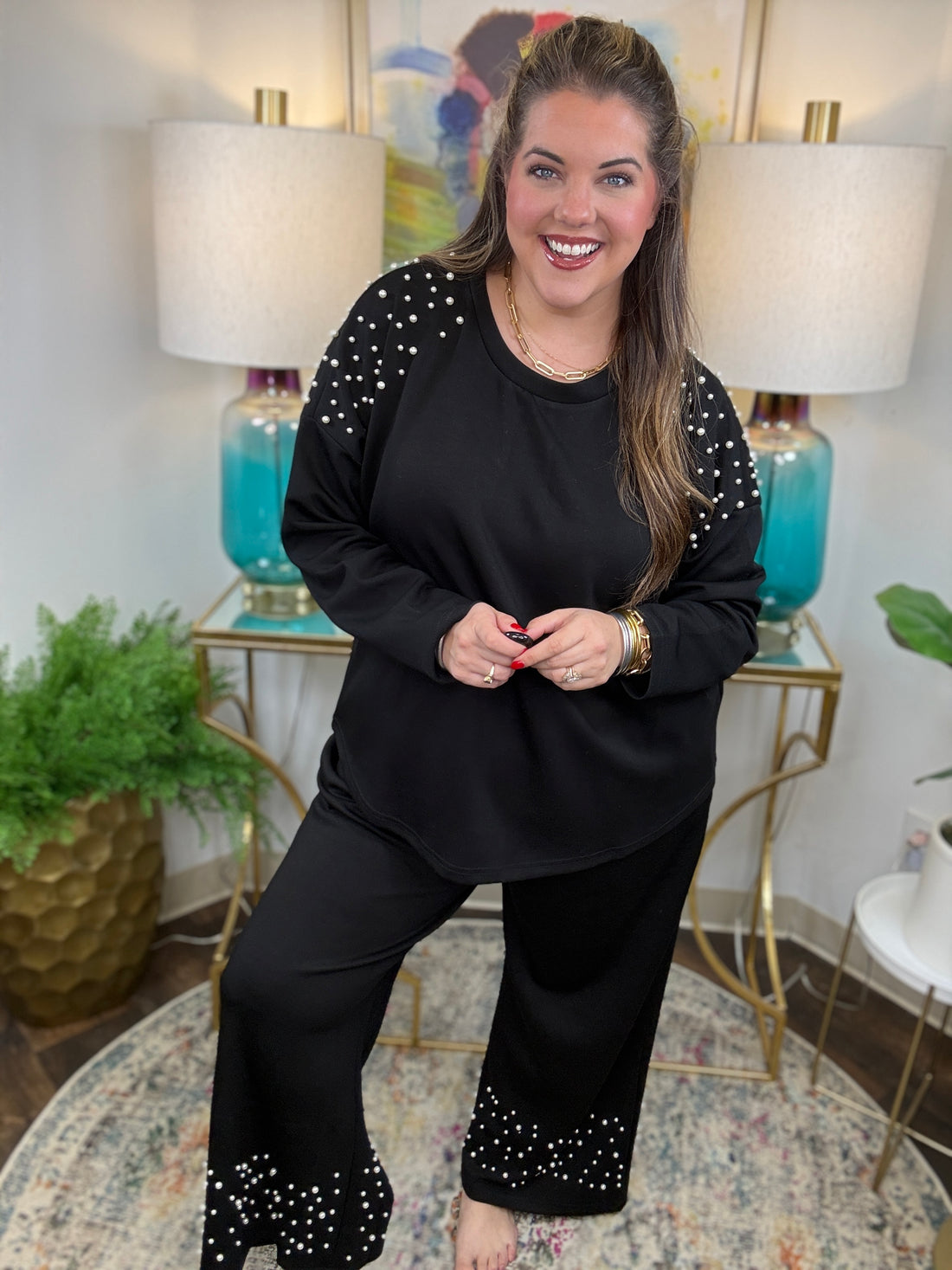 Black scuba matching set with pearl detailing on shoulders and pants