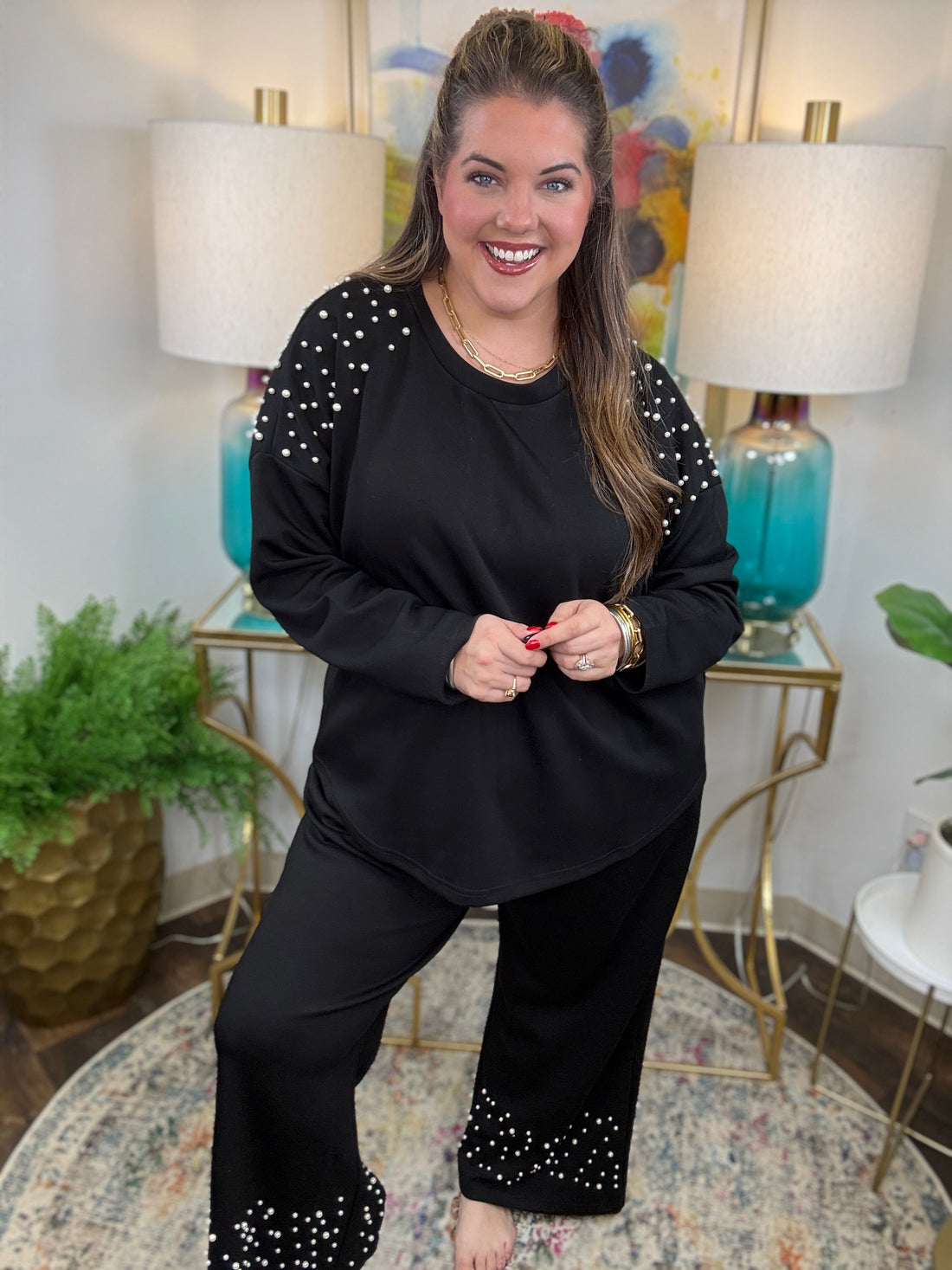 Black scuba matching set with pearl detailing on shoulders and pants