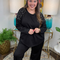 Black scuba matching set with pearl detailing on shoulders and pants