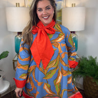 Women's long-sleeve floral mini dress in blue, orange and green