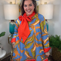 Women's long-sleeve floral mini dress in blue, orange and green