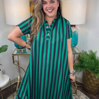 Women's high-neck striped dress with gold button detail