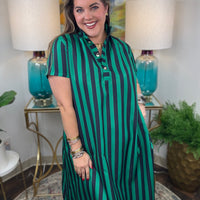 Women's high-neck striped dress with gold button detail