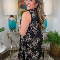 Women's black embroidered midi dress with adjustable neck tie