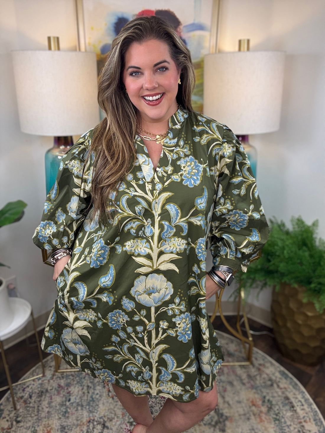 Olive floral dress with V-neck and 3/4-length balloon sleeves