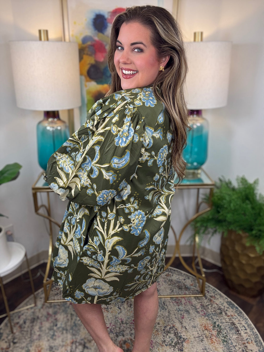 Olive floral dress with V-neck and 3/4-length balloon sleeves