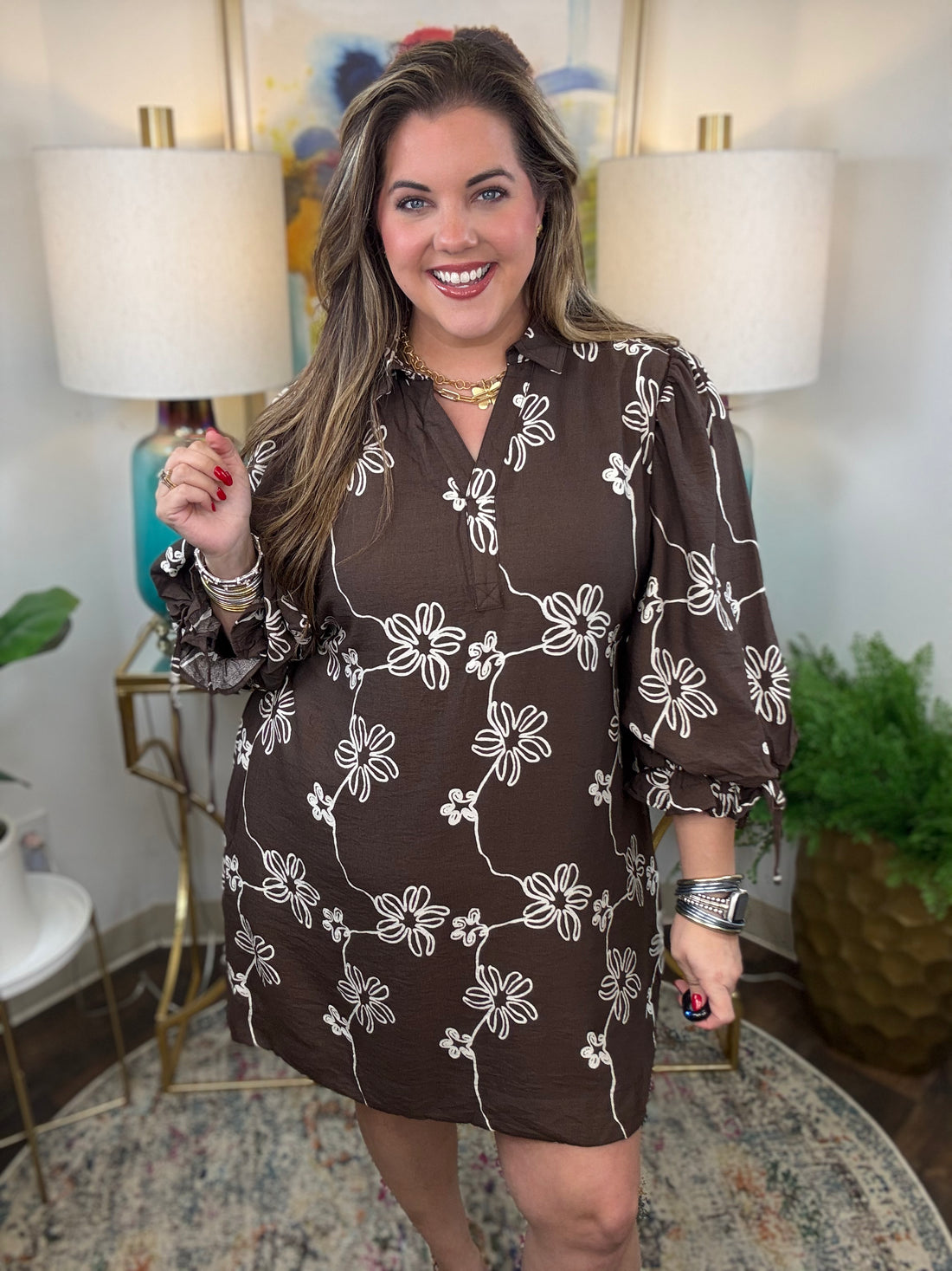 Chocolate brown dress with white florals and adjustable tie-back waist