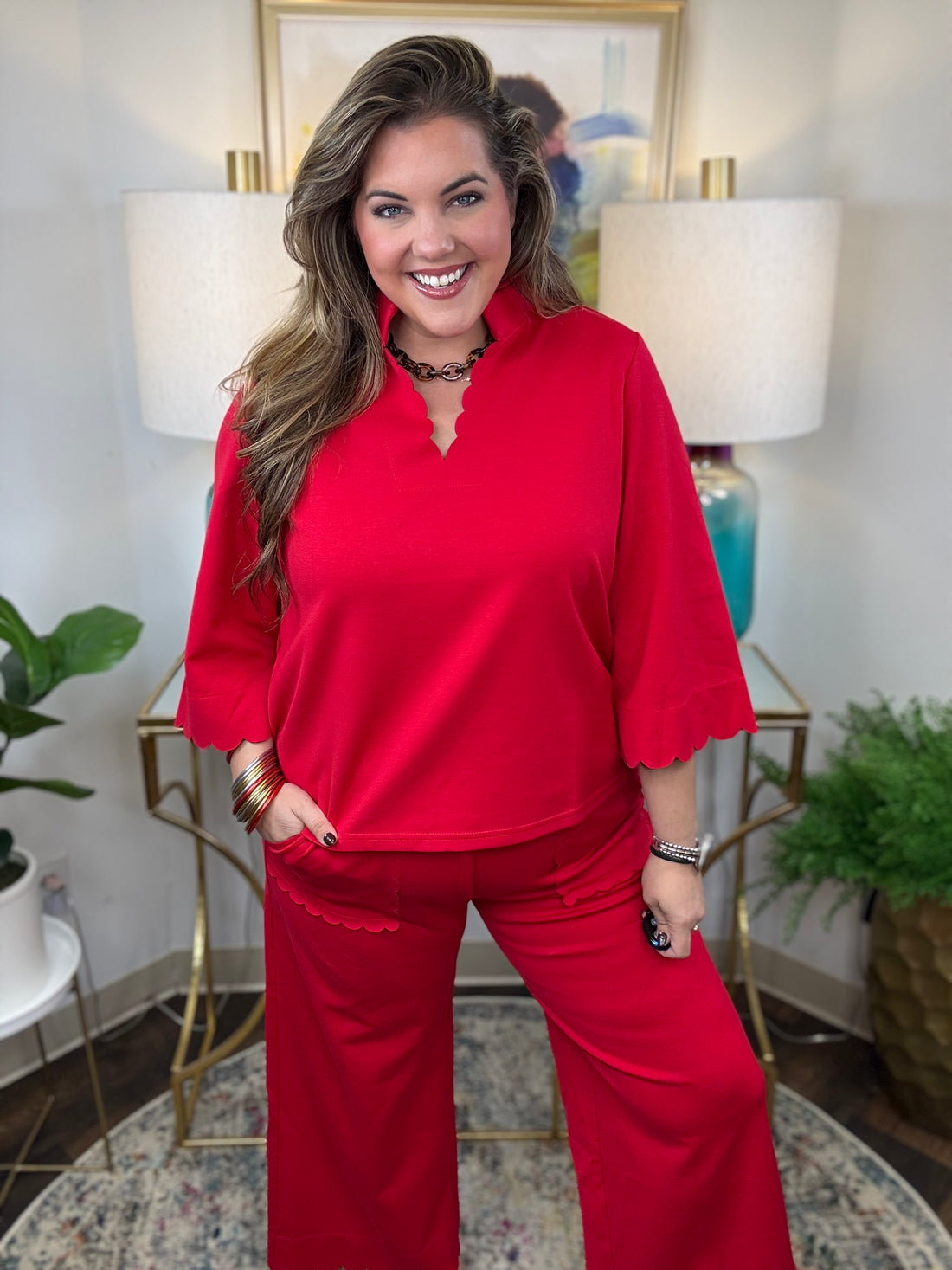 Red two-piece scuba set with scalloped details
