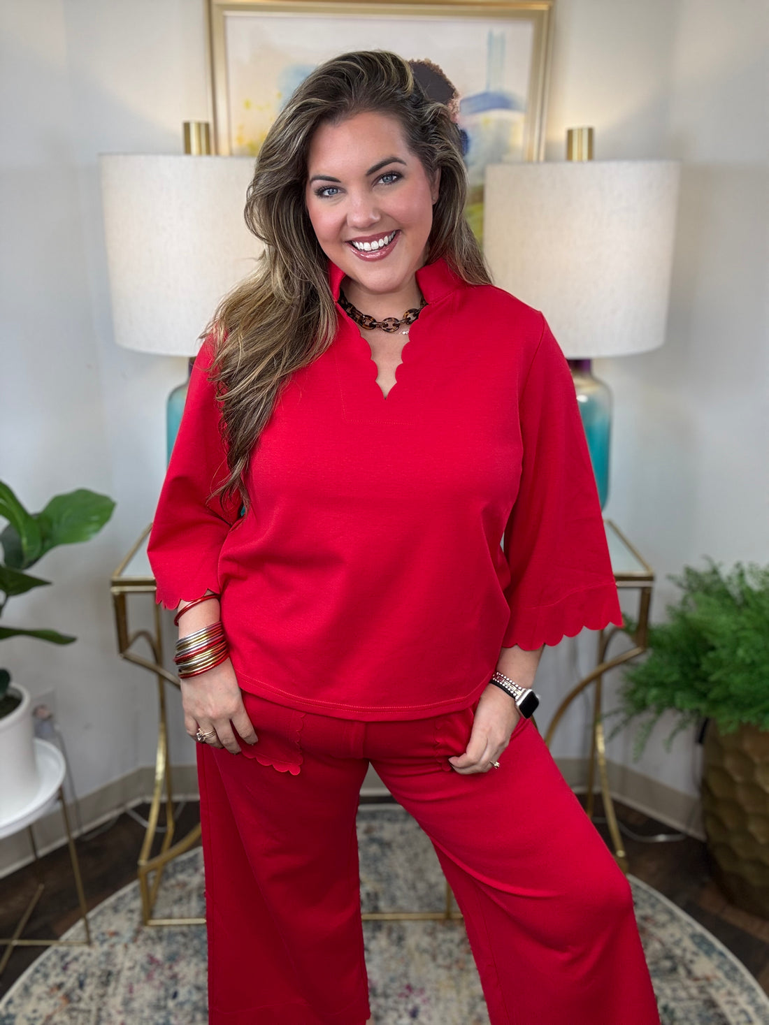 Red two-piece scuba set with scalloped details