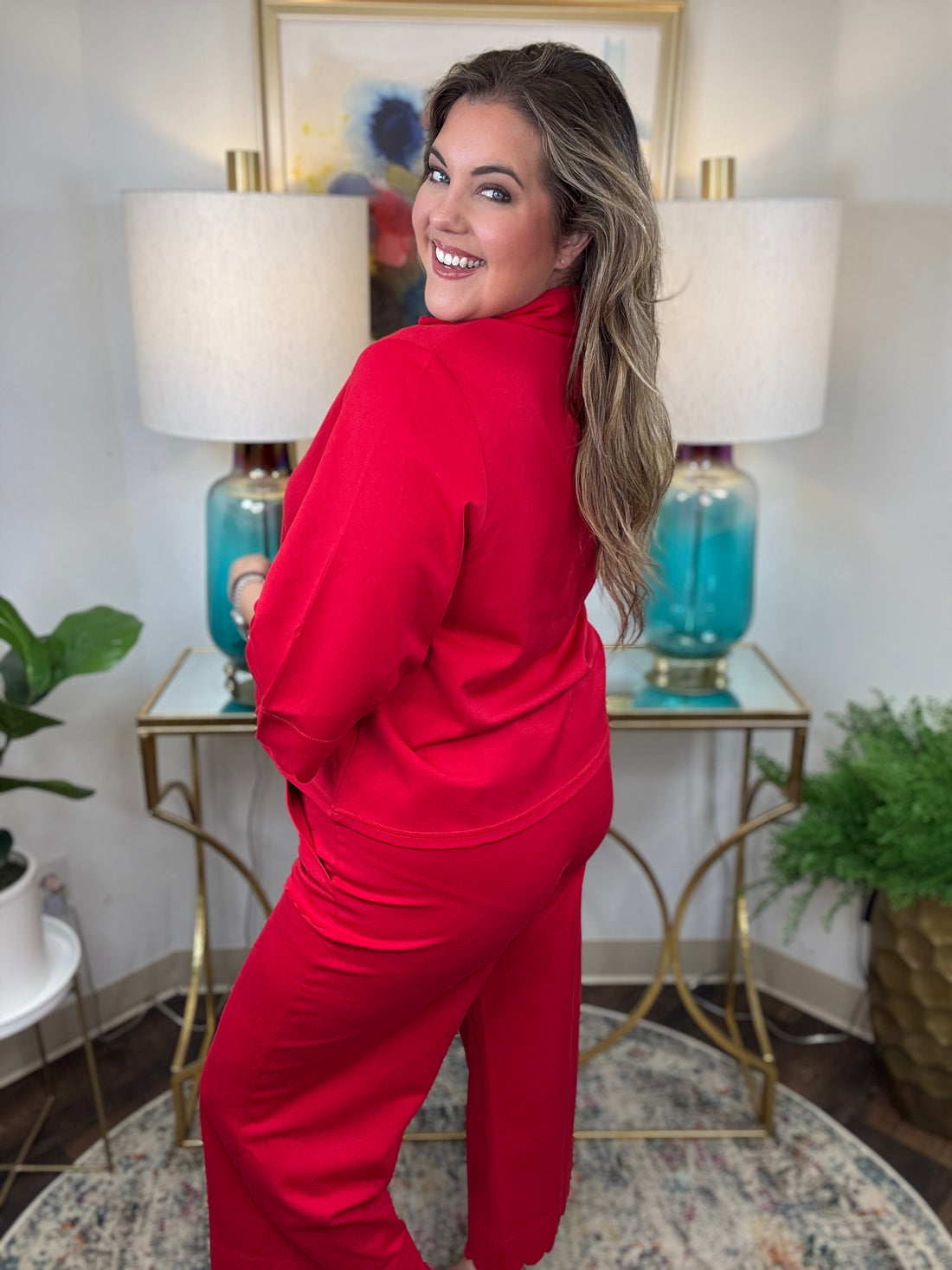 Red two-piece scuba set with scalloped details