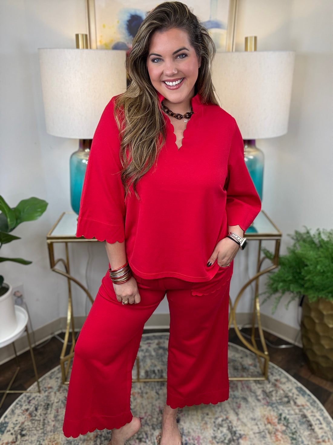 Red two-piece scuba set with scalloped details