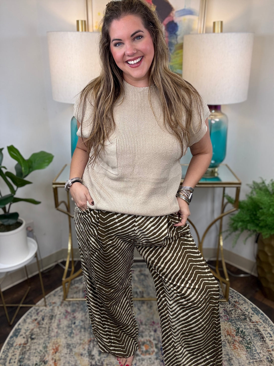 Cream wide-leg pants with brown zebra animal print