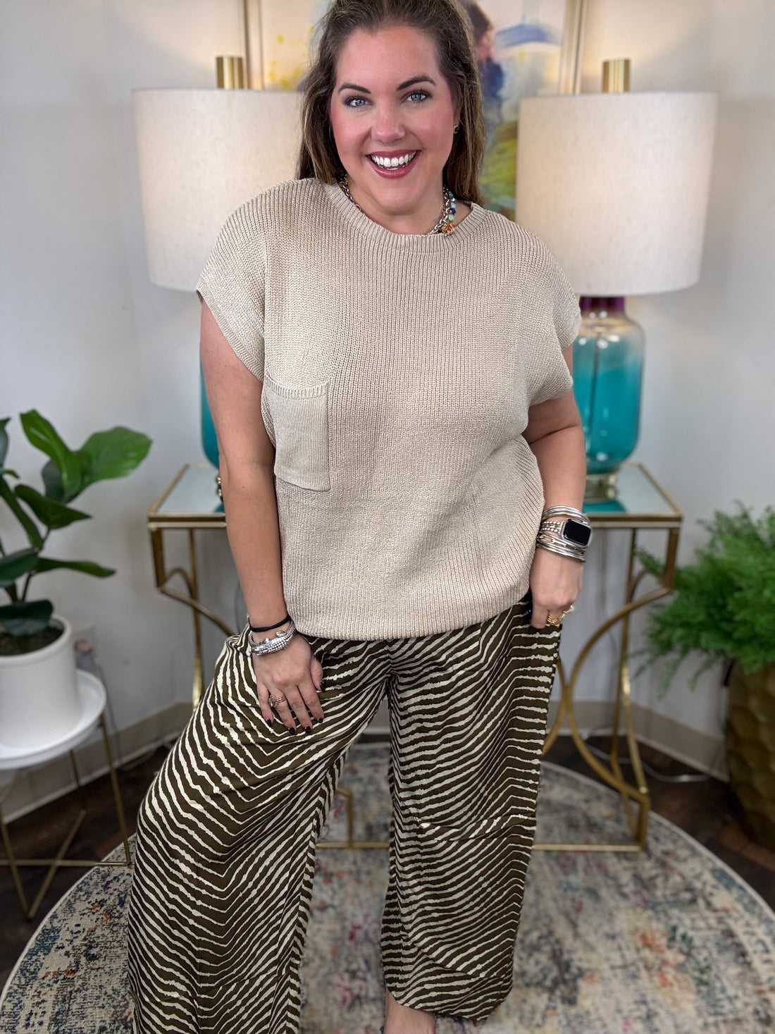 Cream wide-leg pants with brown zebra animal print