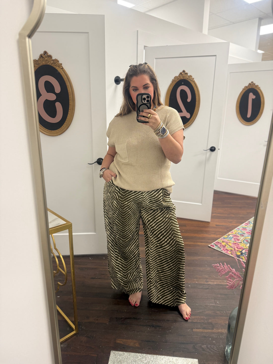 Cream wide-leg pants with brown zebra animal print