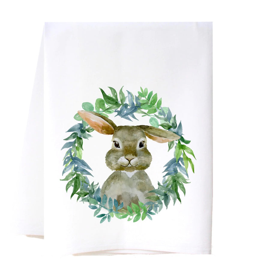 Gray Bunny In Wreath Tea Towel