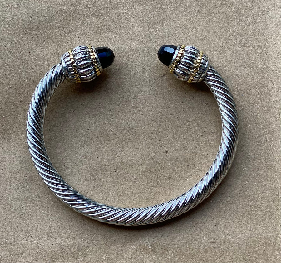 Cable Wire Cuff Bracelet with Large Jet Stone
